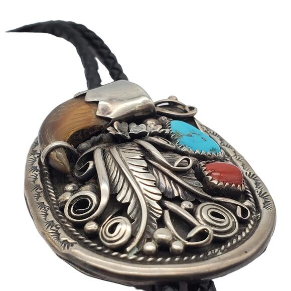 Sterling Silver Turquoise Stone Bolo Tie 925 Vintage Lariat Necktie Leaf Signed - Picture 8 of 13